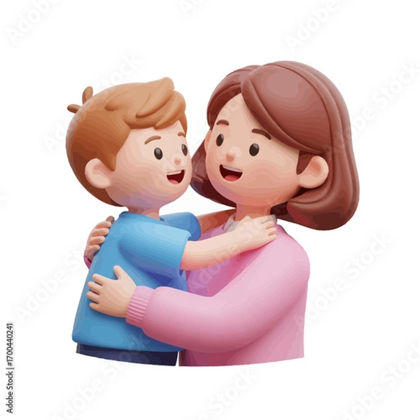 Fototapeta Cartoon mother and son hugging, 3D render of a loving embrace.
