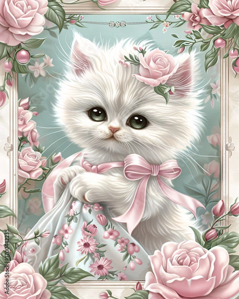 Fototapeta A sophisticated cat in vintage floral gown with ribbon standing elegantly in decorative pastel rose bordered frame