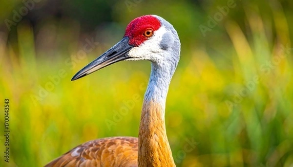 Fototapeta Close-up portrait of a sandhill crane, showcasing its striking red head and neck, against a blurred background of vibrant yellow and green foliage.