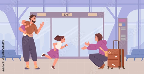 Fototapeta Father with kids meeting mother at the airport terminal after a long separation flat vector illustration.