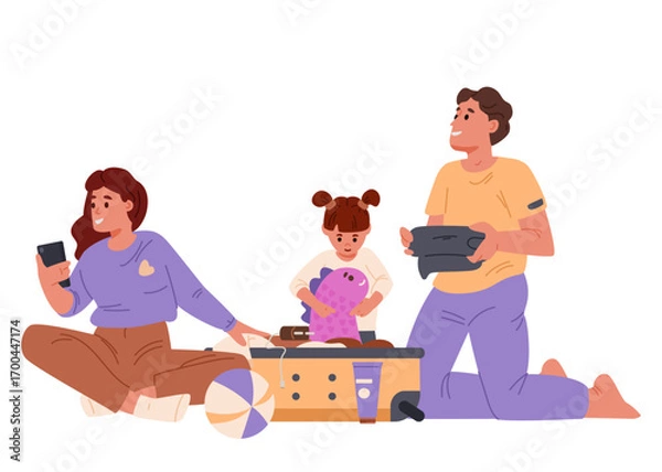 Fototapeta Happy family with little daughter packing a suitcase going on vacation flat vector illustration isolated on white. Woman checking list on the phone, girl putting toy into suitcase
