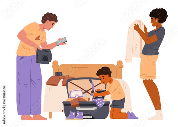 Fototapeta Happy multiracial family packing a suitcase going on vacation flat vector illustration isolated on white. Woman folding shirt, man checking list on the phone, boy putting a book into suitcase.