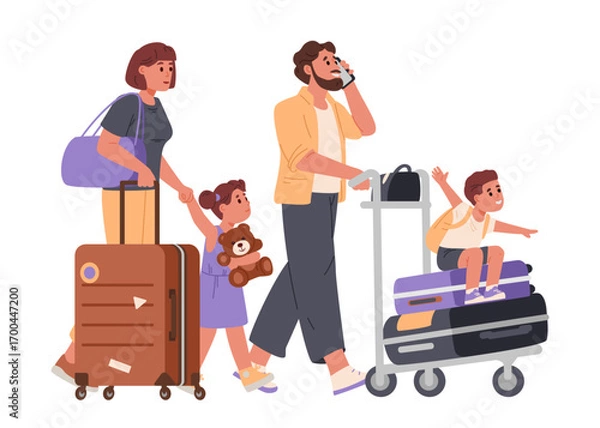 Fototapeta Happy family with two kids going on vacation flat vector illustration isolated on white. Parents walking with suitcases and luggage cart, boy sitting on a suitcase, girl carrying a toy.