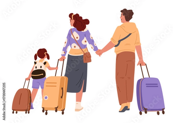 Fototapeta Family walking pulling suitcases view from the back flat vector illustration isolated on white. Parents with daughter going on vacation.