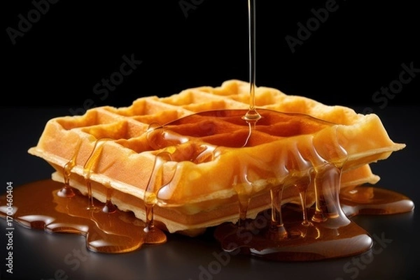 Obraz Perfect Subject for Breakfast Indulge in a stack Delicious Waffles with Dripping Syrup, presented on a dark background