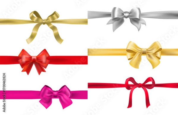 Fototapeta Set of colorful decorative gift bows and ribbons in gold, silver, red, and pink. Realistic satin bow collection for holiday, celebration, and festive design elements.