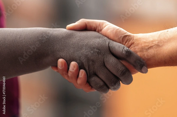 Fototapeta Gros plan de deux personnes se serrant la main après un accord de paix sur un arrière-plan flou