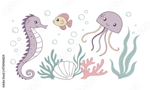 Fototapeta Sea Life Crew Cute Underwater Animals Pastel Vector Set, Corals, Shells, Seaweeds, easily editable and scalable.