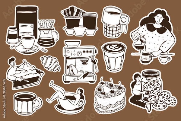 Obraz Coffee and dessert doodle stickers in sketch style. Perfect for greeting cards, restaurant menus, posters, postcards, branding, logos, and patterns.