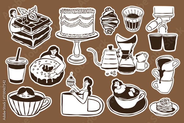 Obraz Coffee and dessert doodle stickers in sketch style. Perfect for greeting cards, restaurant menus, posters, postcards, branding, logos, and patterns.
