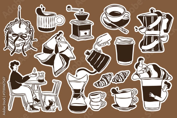 Obraz Coffee and dessert doodle stickers in sketch style. Perfect for greeting cards, restaurant menus, posters, postcards, branding, logos, and patterns.