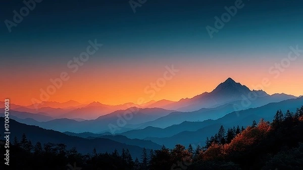 Fototapeta Serene sunset reflection landscape scene Majestic Sunset Over Serene Mountain Landscape with Colorful Sky featuring vibrant atmosphere, modern creative presentation, inspirational tone