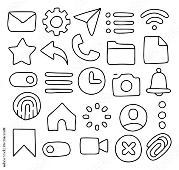 Fototapeta Hand drawn UI UX icons set, doodle style line symbols including email, settings, home, camera, bell, star, phone, folder, fingerprint, video, menu, bookmark, wifi, document, attachment