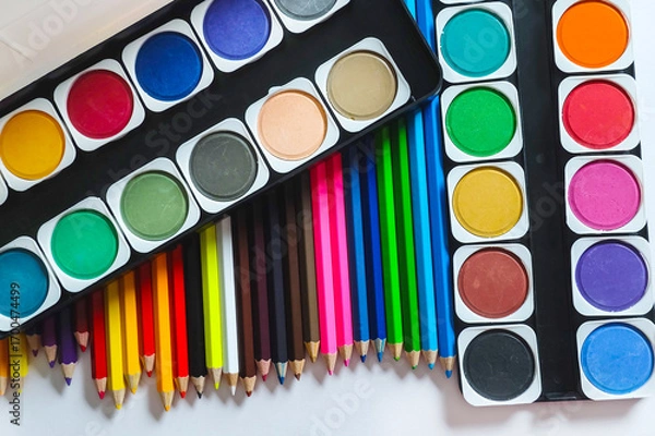 Obraz colored pencils, watercolor paints and brushes