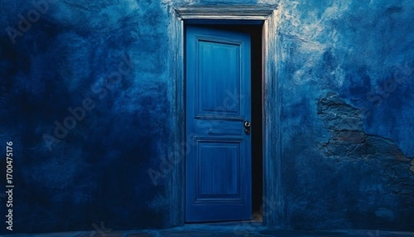 Fototapeta A slightly ajar blue door is set into a textured blue wall with visible damage, creating a mysterious and dramatic scene.