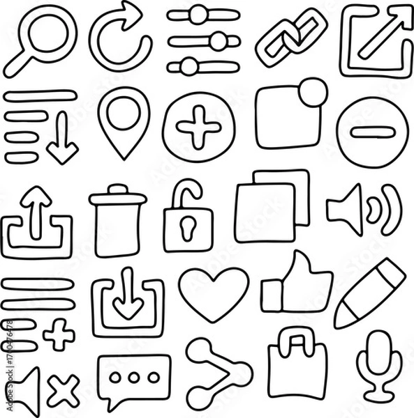 Fototapeta Hand Drawn UI Icons Set, Doodle User Interface Elements, Including Search, Settings, Link, Upload, Download, Share, Like, Heart, Message, Microphone, Music, Notification