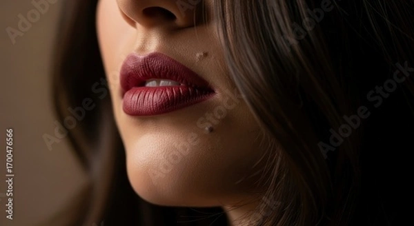 Fototapeta Sensual close-up of a woman's mouth with rich red lipstick and elegant profile.