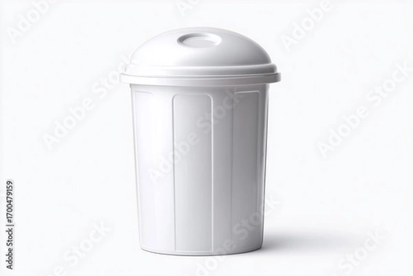 Fototapeta plastic trash bin with lid and wheels standing upright, isolated on white background.