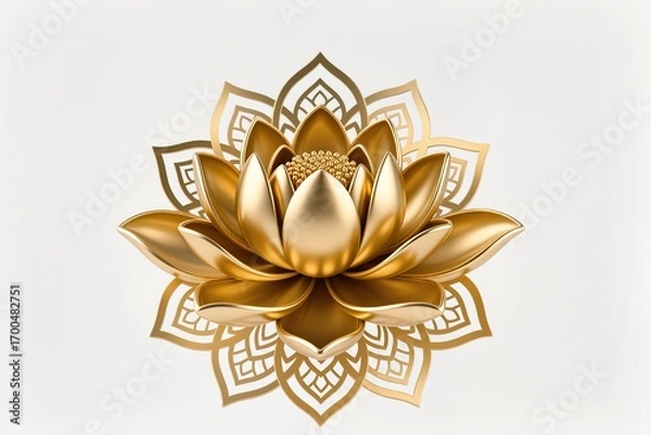 Fototapeta A surreal, simple 3d artwork of Golden lotus illustration with mandala-style petals, elegant art, white background