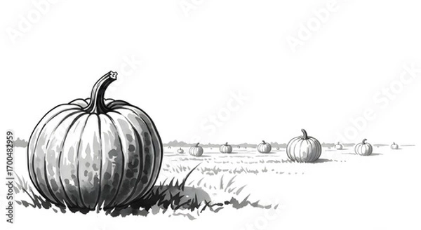 Fototapeta A solitary pumpkin sits in a field, others receding into the distance. A grayscale illustration evokes autumnal tranquility and harvest bounty. The simple scene is serene and peaceful.