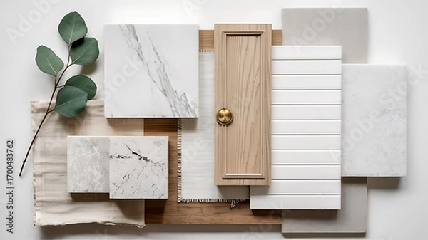Obraz Interior design mood board showcasing natural wood marble and white tile samples with eucalyptus for a modern and elegant aesthetic