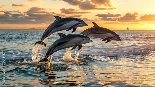 Obraz Three playful dolphins leap joyfully from the ocean waves during a vibrant golden sunset with a distant sailboat