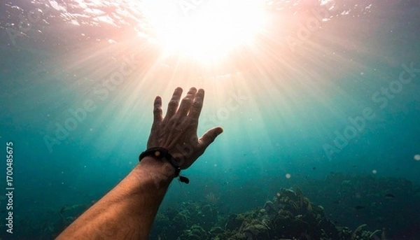 Fototapeta Underwater scene with a human arm reaching toward the sunlit surface, surrounded by coral and marine vegetation, evoking themes of aspiration, struggle, and transcendence through light and depth.