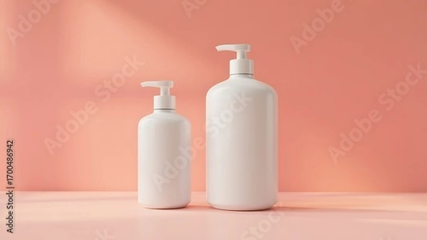 Obraz Two minimalist white pump bottles of skincare or cosmetic products stand side by side on a pink surface with soft shadows