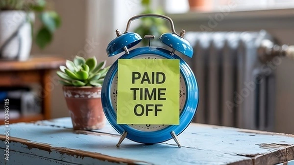 Obraz Retro blue alarm clock with a bright yellow sticky note reminding of paid time off on a rustic wooden surface