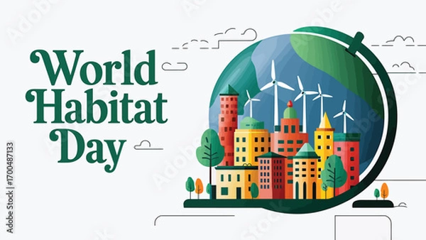 Fototapeta Vector art of world habitat day graphic with globe showing city, wind turbines, and trees, promoting sustainable urban living