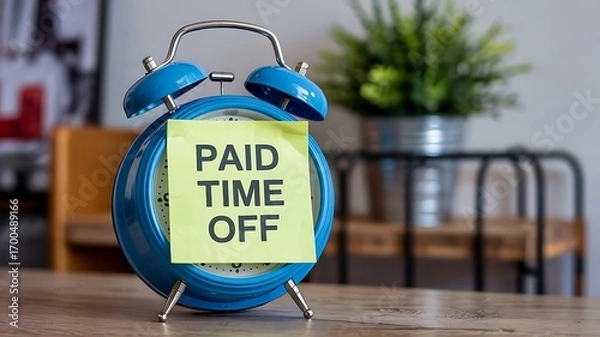 Obraz Retro blue alarm clock with a bright yellow sticky note attached saying paid time off