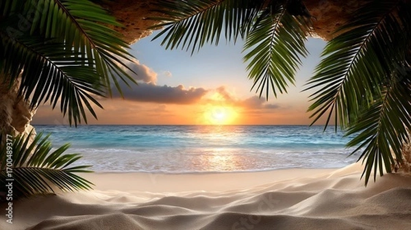Obraz Tranquil Beach Sunrise Framed by Tropical Palm Leaves and Gentle Ocean Waves