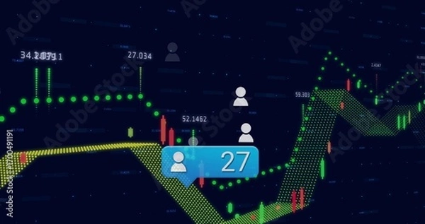 Fototapeta Displaying blue callout bubble showing 27 on dashboard with green yellow trend lines, bars, markers