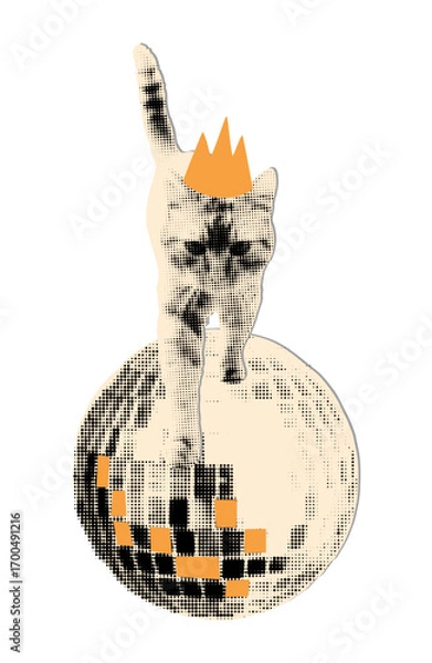 Fototapeta Trendy modern retro element for collage. Halftone cat wearing golden crown walking standing on shiny disco ball cut out vector illustration for mixed media design isolated on transparent background 