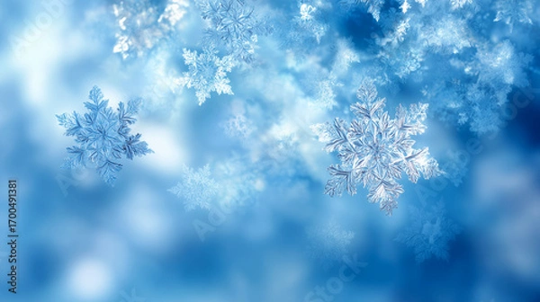 Fototapeta 大きな雪の結晶をクローズアップした清涼ブルー背景（冬の風景）