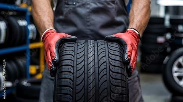 Obraz Mechanic wearing red gloves holding a new car tire in a workshop with shelves of tires in the background