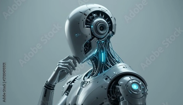 Fototapeta Futuristic humanoid robot in thoughtful pose showcasing advanced mechanical and electronic design