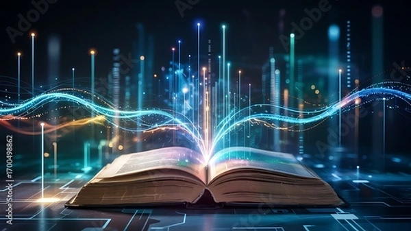 Obraz Ancient open book radiating vibrant digital data streams and futuristic glowing light beams against a dark technological background