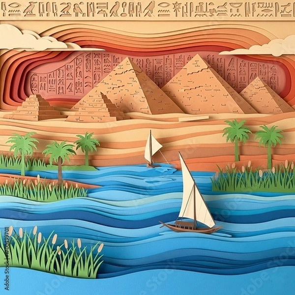 Fototapeta Egyptian Landscape in Paper Cut Style: Pyramids, Nile River, and Hieroglyphs