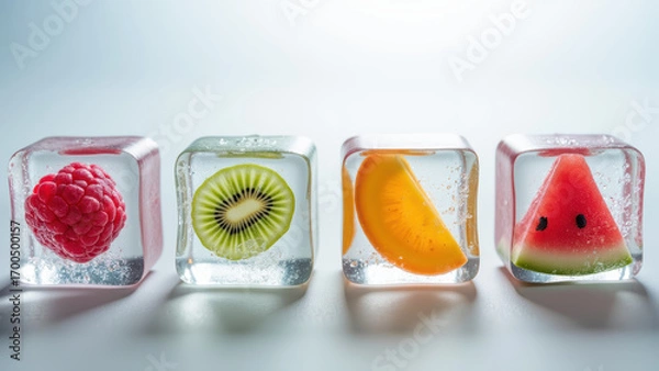 Obraz Fresh fruit ice cubes with raspberry, kiwi, cantaloupe, and watermelon create vibrant and refreshing visual