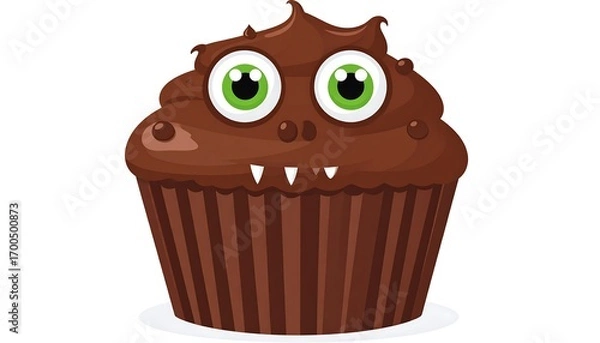Fototapeta A chocolate cupcake with a monstrous expression and vibrant green eyes.