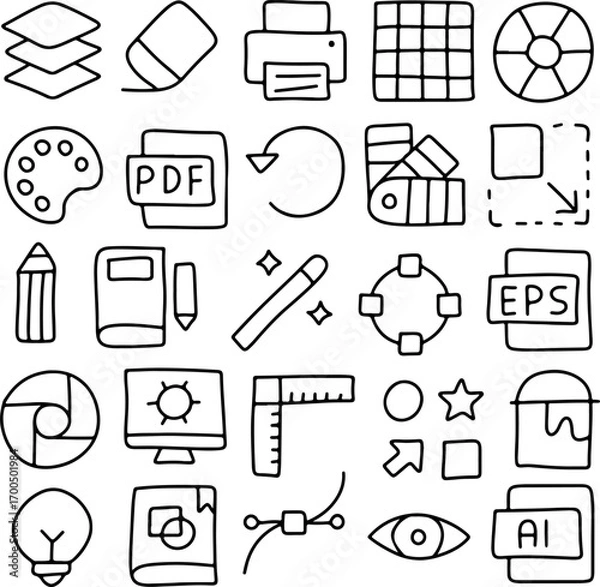 Fototapeta Hand drawn graphic design icons set, doodle creative tools and software symbols including PDF, AI, EPS, color palette, layers, pencil, printer, ruler, magic wand, vector editing illustration