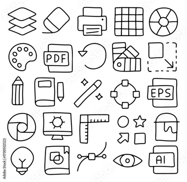 Fototapeta Hand drawn graphic design icons set, doodle creative tools and software symbols including PDF, AI, EPS, color palette, layers, pencil, printer, ruler, magic wand, vector editing illustration