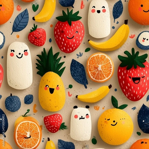 Obraz Pineapple strawberries and bananas with smiling faces illustration