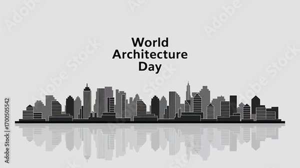 Fototapeta Vector art of world architecture day text above a grayscale city skyline with reflections