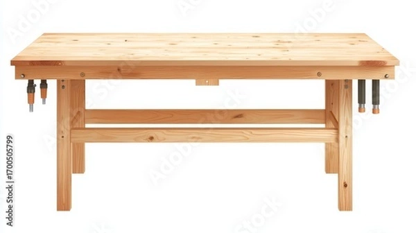Fototapeta Rustic wooden workbench with bench carpenter dream workspace for crafting and creating