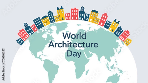 Fototapeta Vector art of world architecture day celebrated with colorful buildings encircling the globe, symbolizing global design and urban development