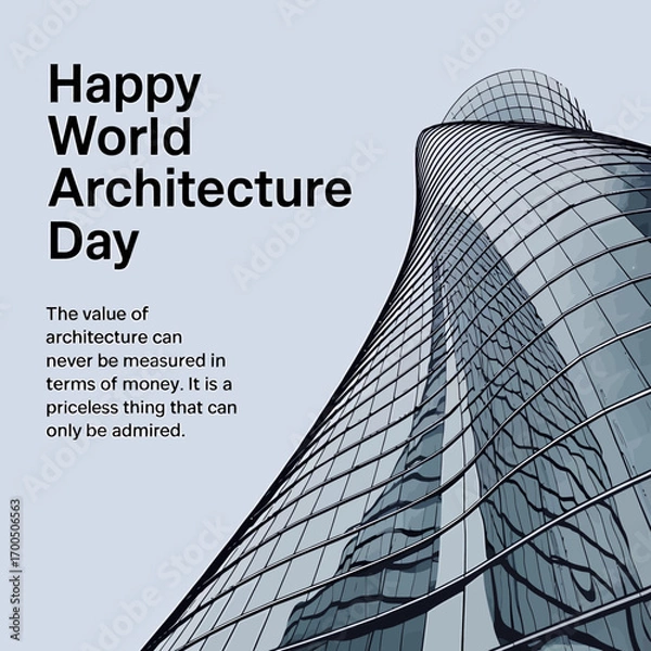Fototapeta Vector art of modern architectural marvel with a unique curved glass facade, celebrating world architecture day with an inspiring quote about its value