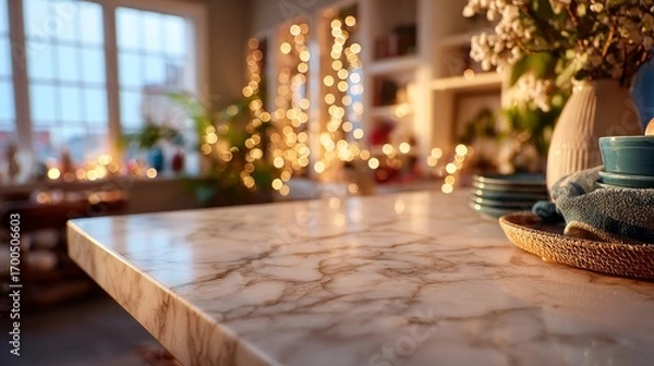 Obraz A cozy kitchen scene featuring a marble countertop, decorative plates, plants, and soft lighting from string lights, creating a warm atmosphere.