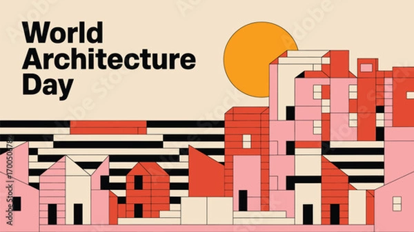 Fototapeta Vector art of world architecture day celebration with colorful abstract buildings and a bright sun in the background, graphic design